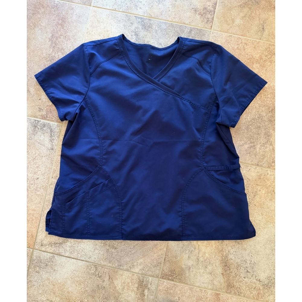 USED Scrubstar Women's Premium Indigo Blue Mock Wrap Neck Scrub Top Size 2XL